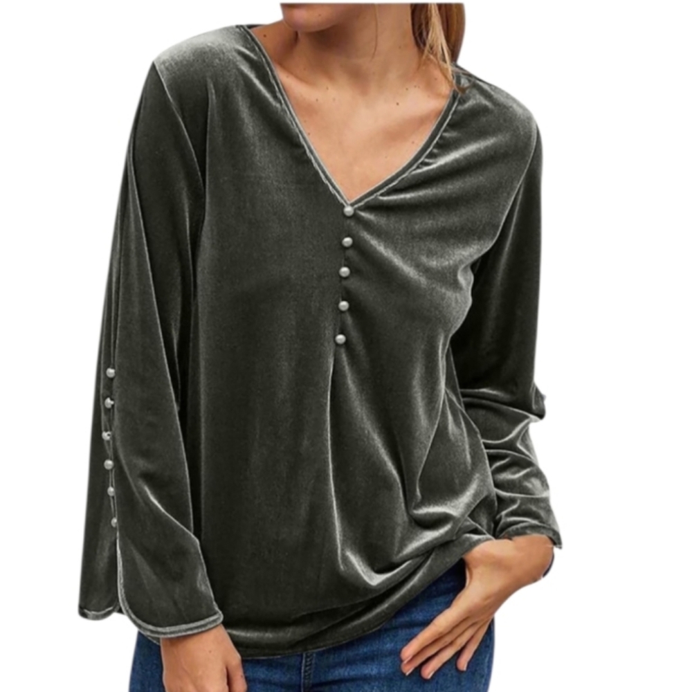 Soft Surroundings‎ Velvet Tunic V-Neck Top 1/2 Button Up Split Sleeve Fairycore